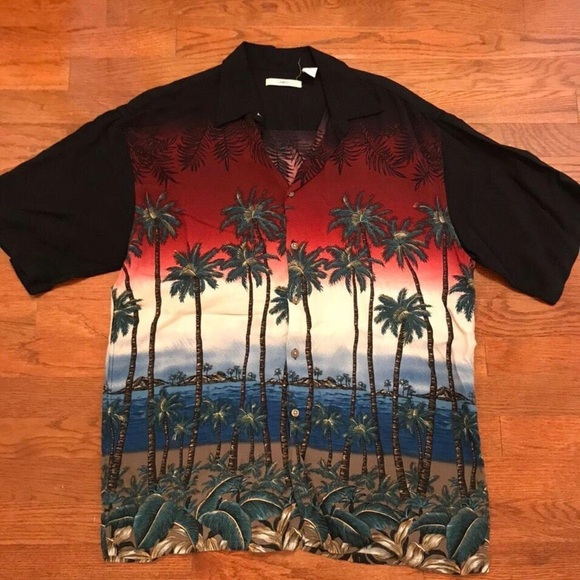 VINTAGE 90S RAYON CAMP SHIRT PALM TREE CALI LARGE - Picture 1 of 4